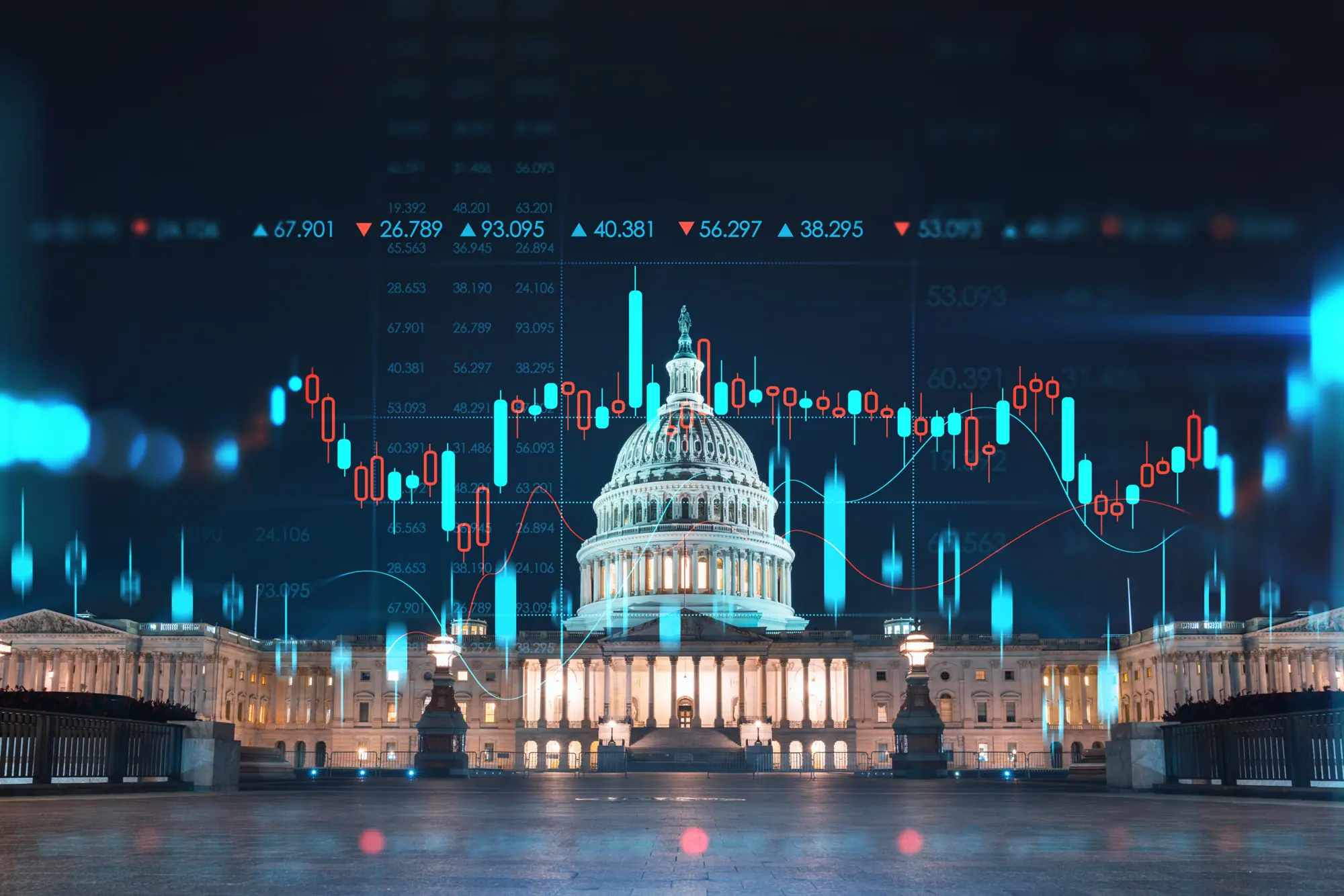 U.S. Capitol dome illuminated at night with a data chart overlay