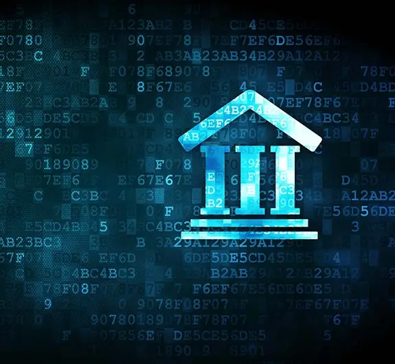 Government building icon on a digital data background