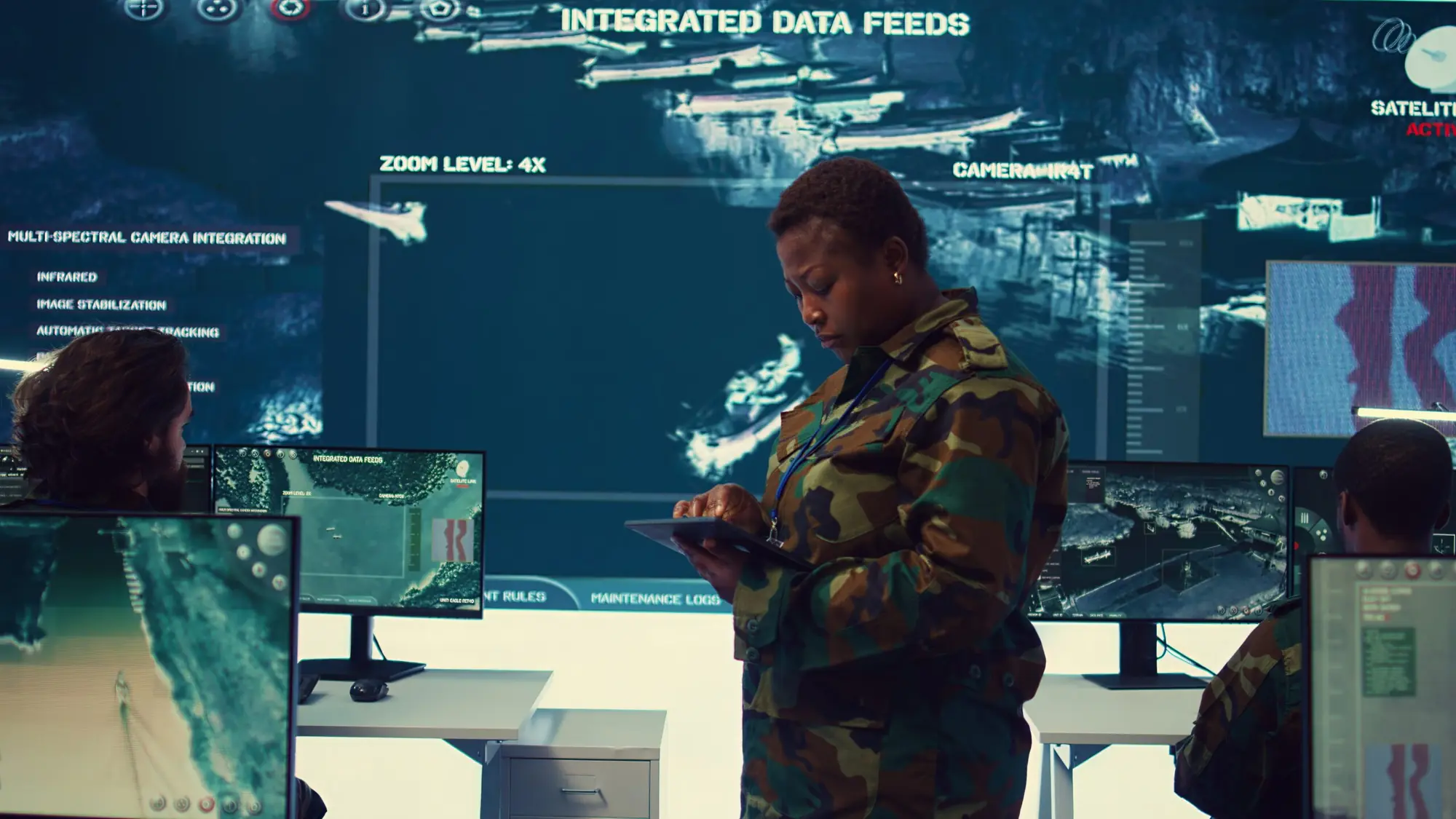 Service member reviewing a tablet in an operations center surrounded by integrated data feed displays
