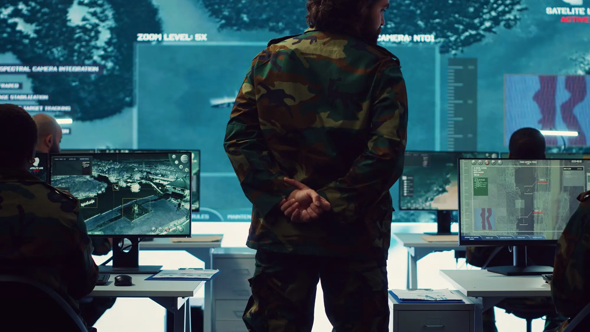 Officer overseeing an operation from a control center with wall-sized monitors