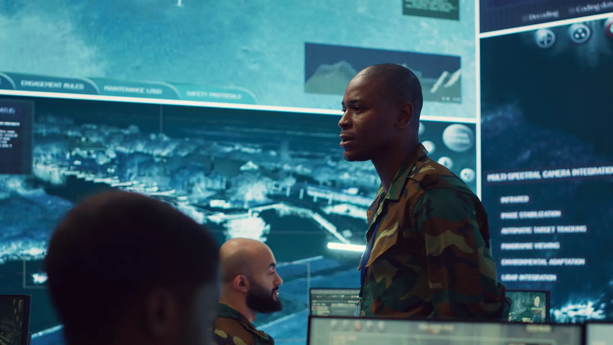 Team monitoring surveillance and safety operations on multiple screens
