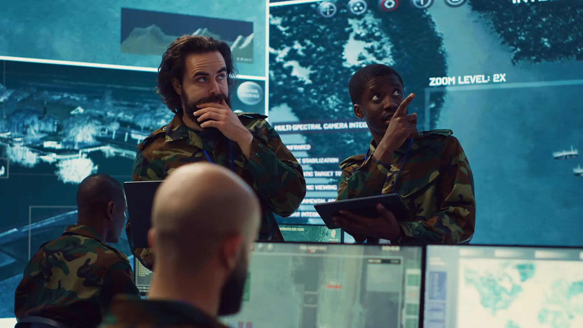 Military leaders discussing intelligence together in a command center