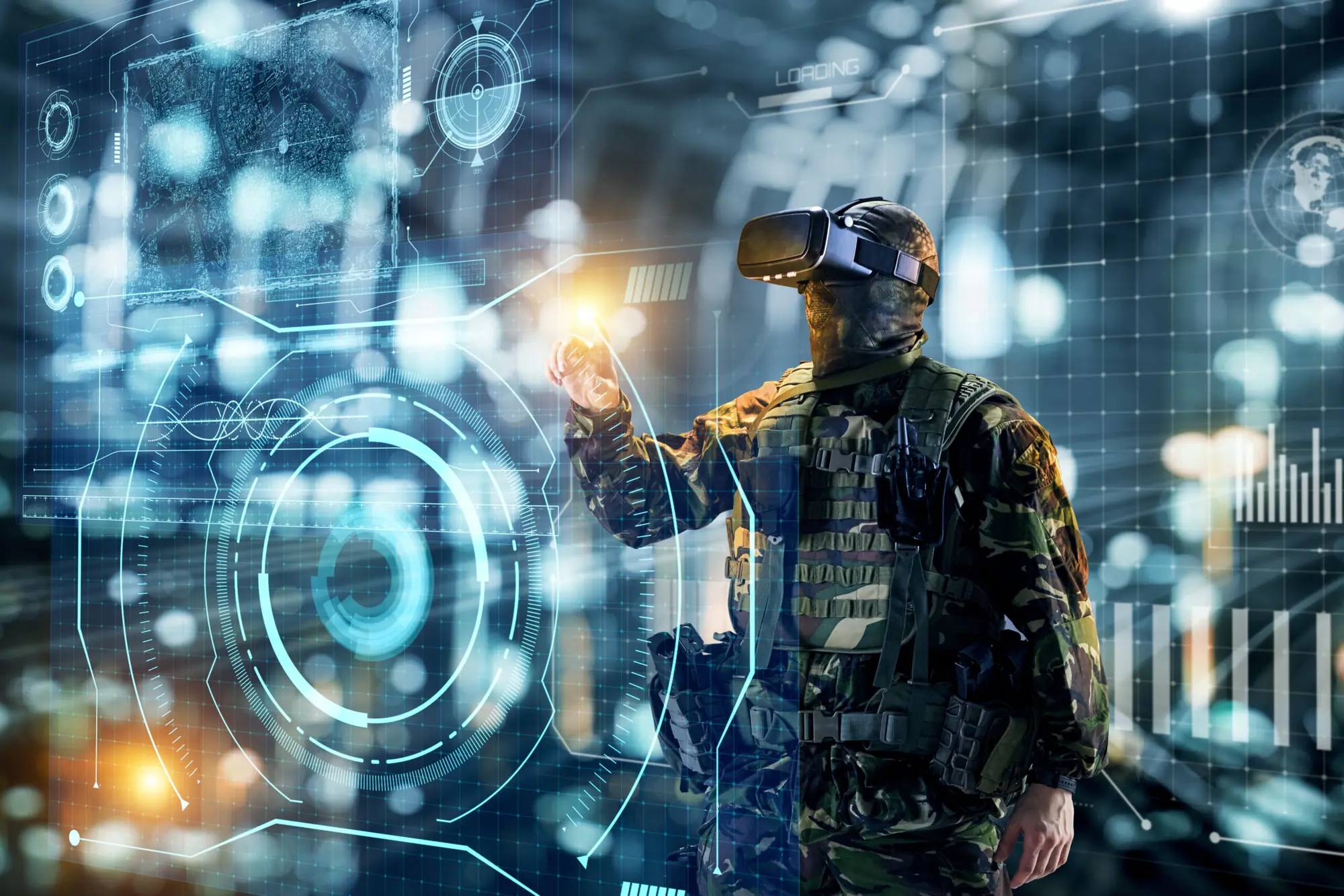 Soldier wearing a virtual reality headset interacting with a holographic interface